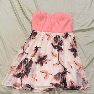 Strapless Pink Floral Chiffon Dress